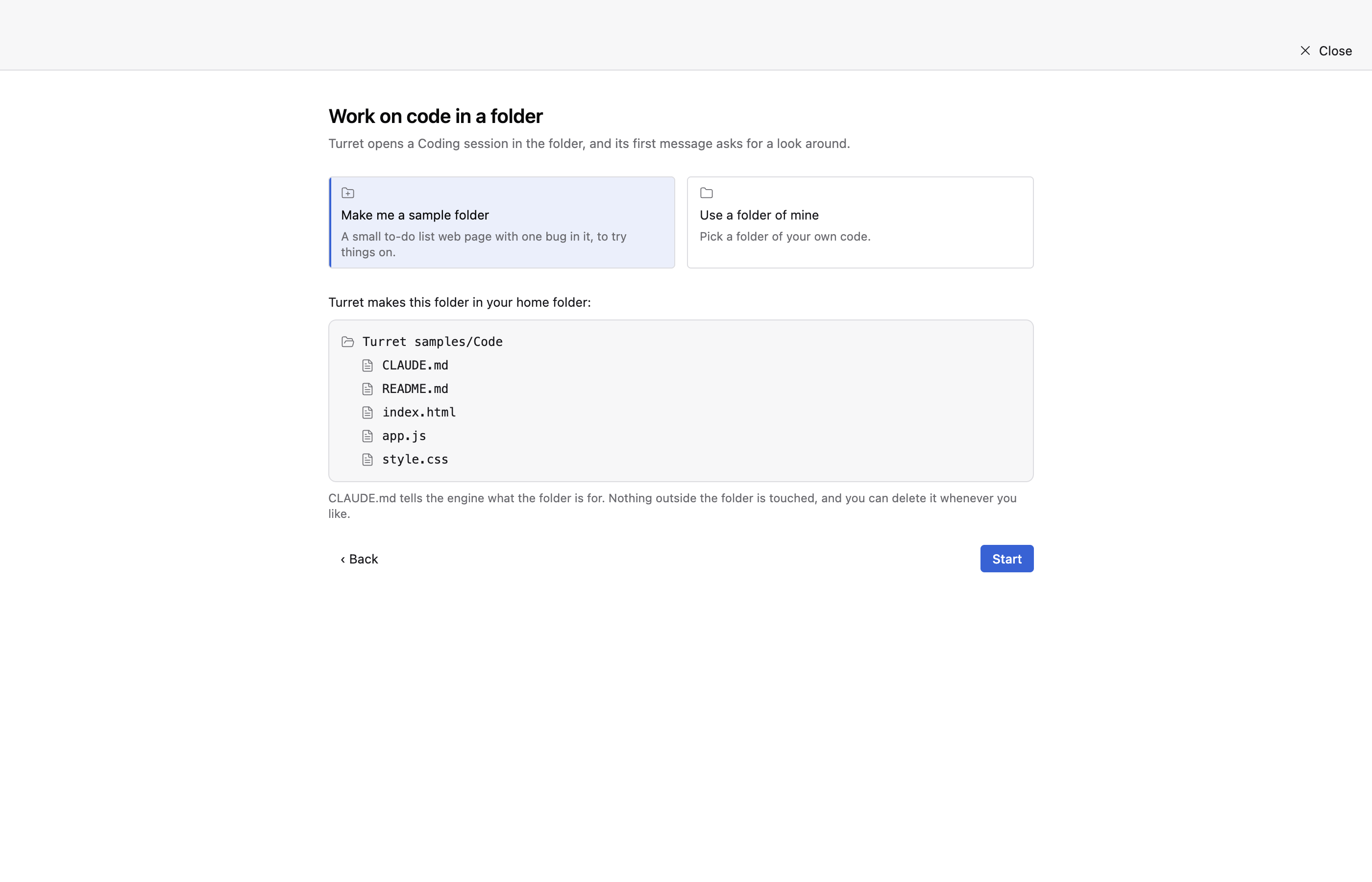 The folder step with the sample folder chosen