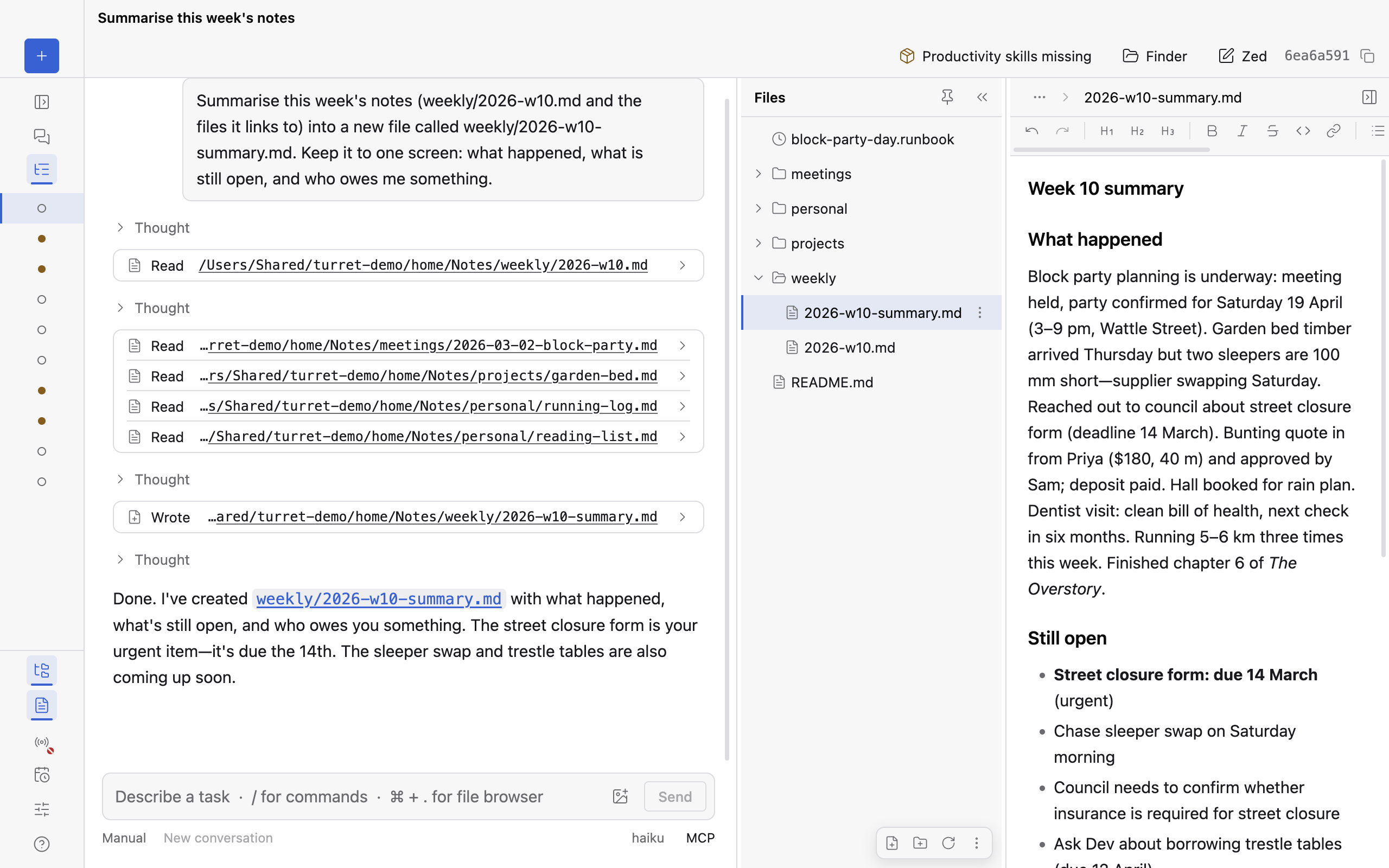 Productivity mode with the file tree, an editor and the conversation