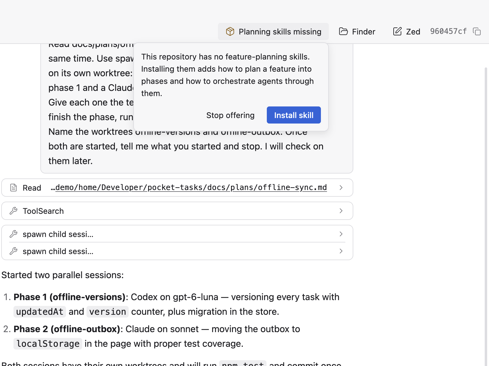 A Coding session's header with the planning skills chip open