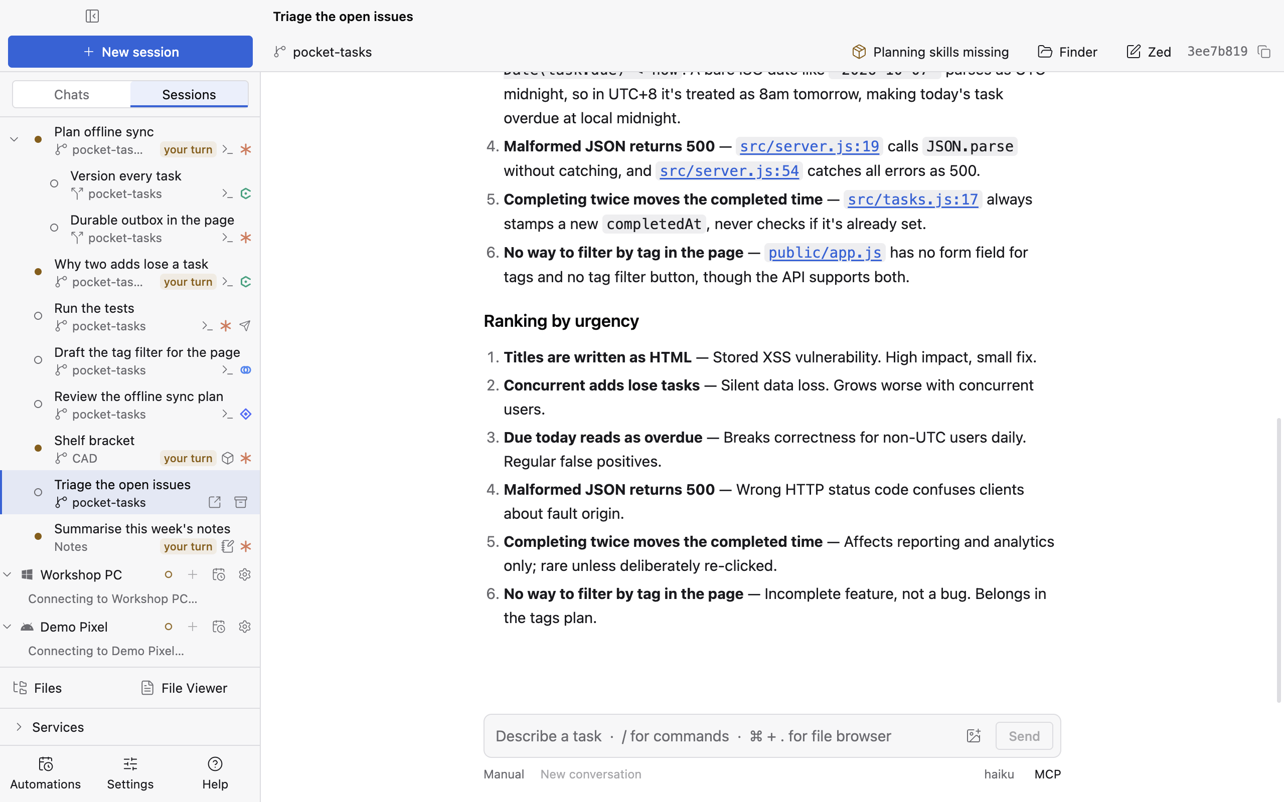 A run's session, showing the triage it did and the summary it wrote