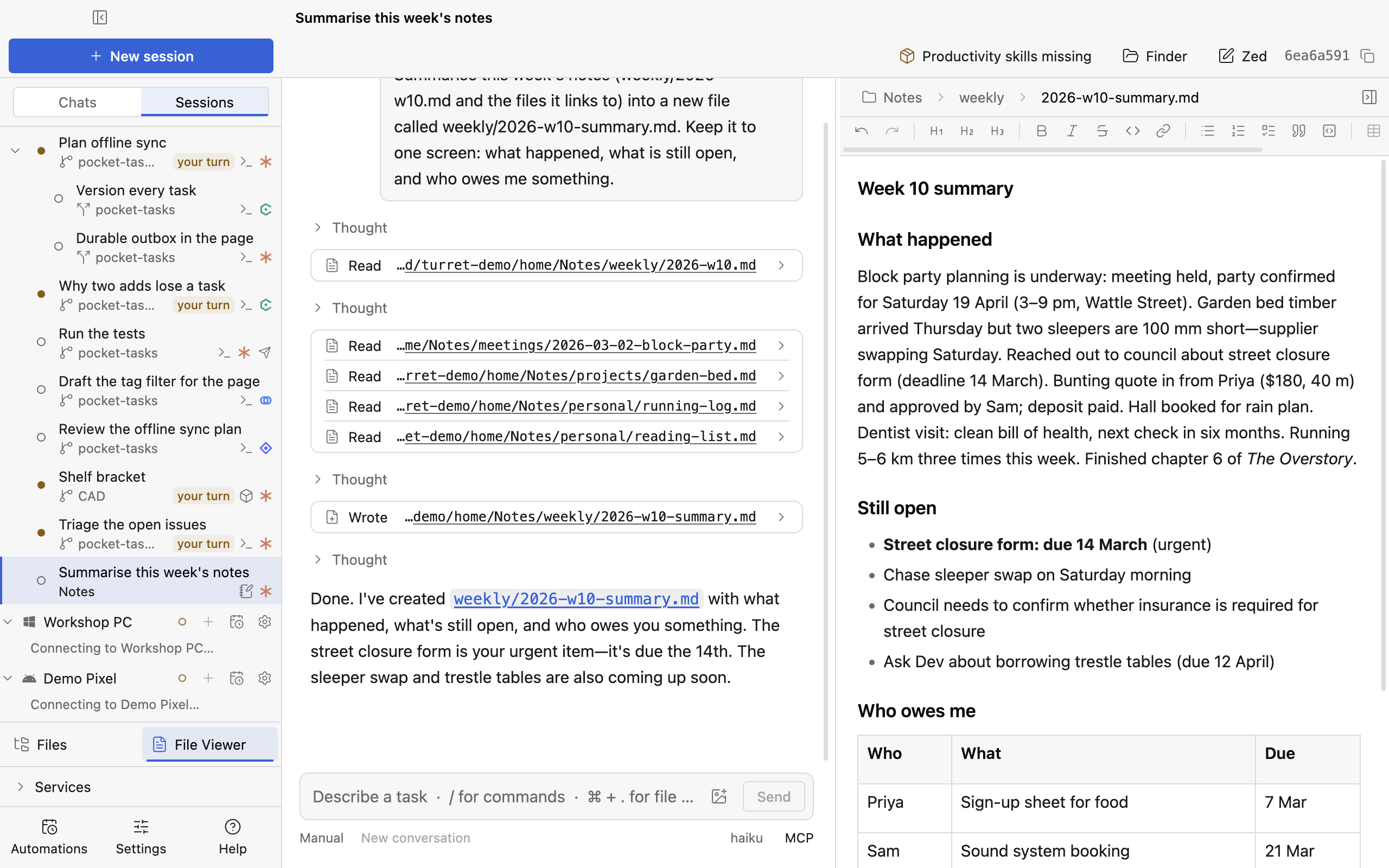 The week's summary open in the markdown editor, with its links to the notes visible